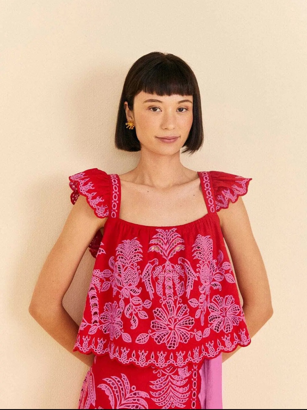 Farm Rio Palm Tree Richelieu Flutter Sleeve Top